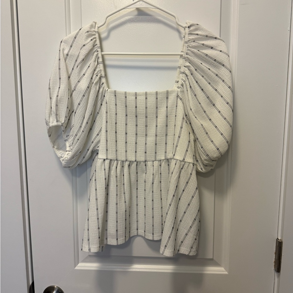 Madewell White Striped Puff Sleeve Blouse